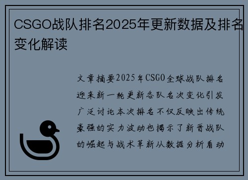 CSGO战队排名2025年更新数据及排名变化解读