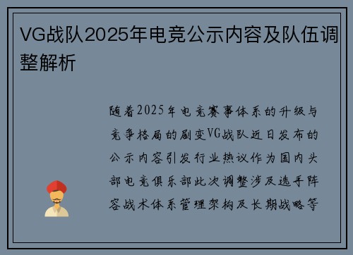 VG战队2025年电竞公示内容及队伍调整解析